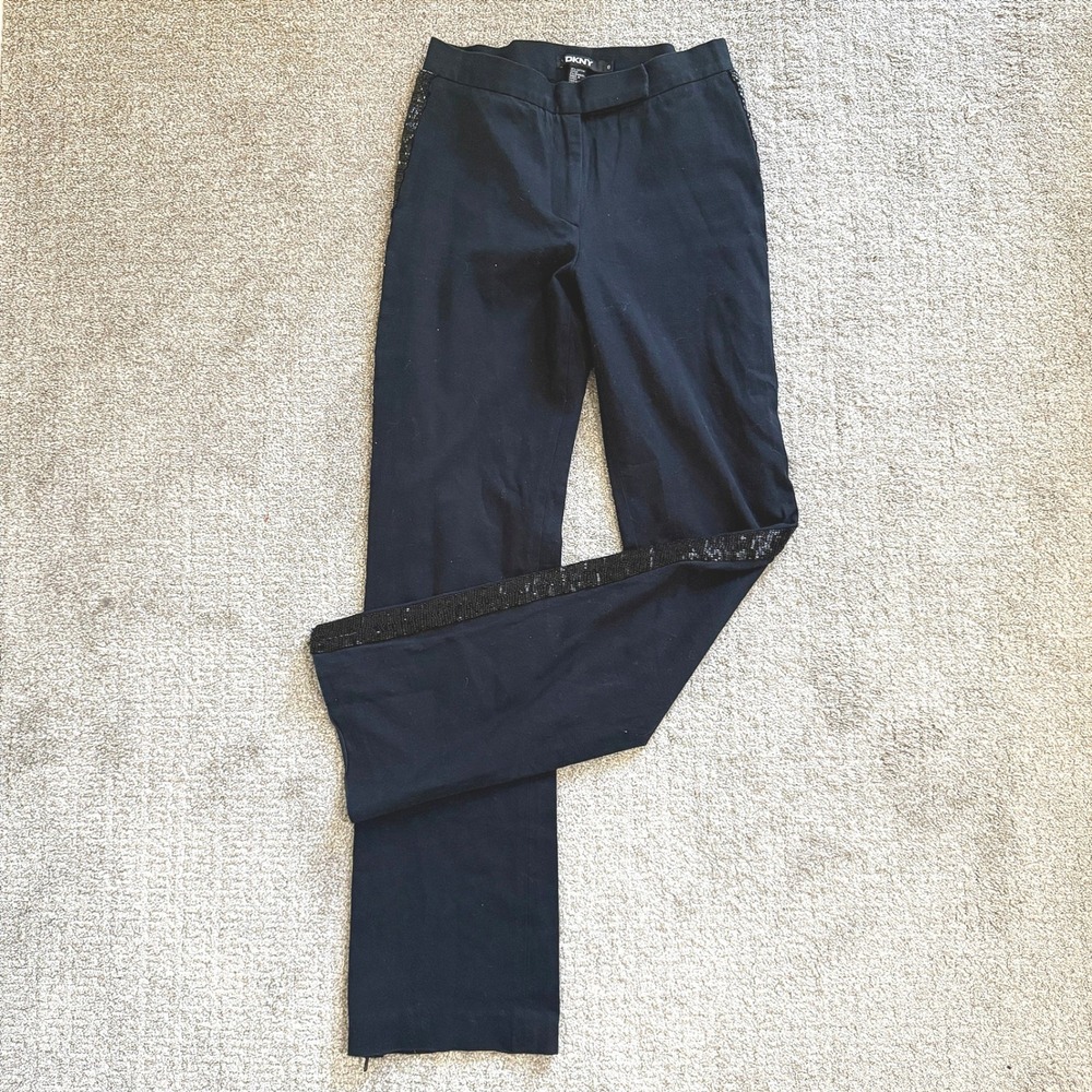 Vintage DKNY‎ Black Beaded Stripe Straight Leg Trousers Pants Sz 6 Cocktail Chic